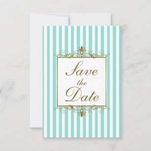 Aqua, White Stripes Gold Scroll Save the Date Card