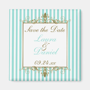 Aqua, White Stripes Gold Scrolls Save the Date Magnet