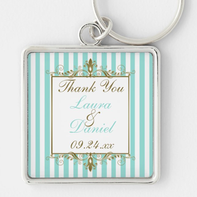 Aqua, White Stripes Gold Scrolls Wedding Favour Keychain (Front)