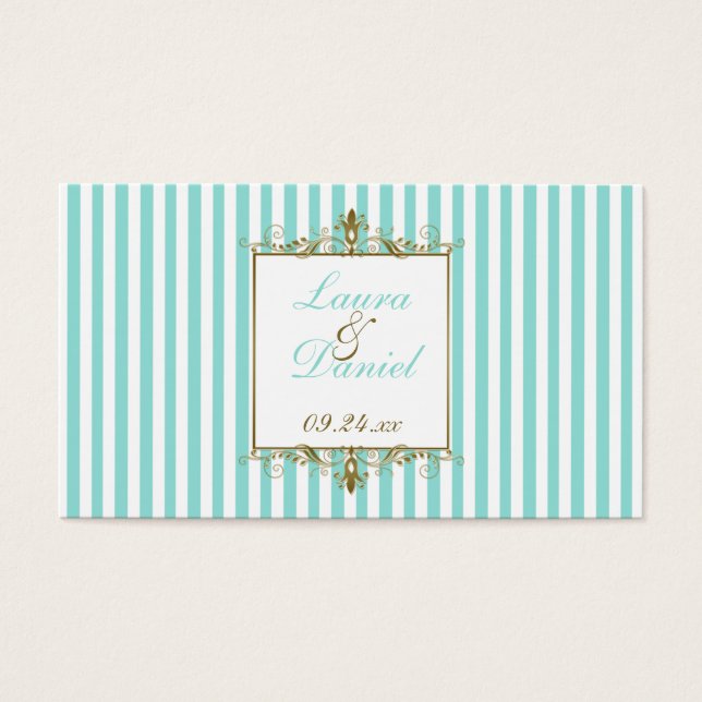 Aqua, White Stripes Gold Scrolls Wedding Favour Ta (Front)