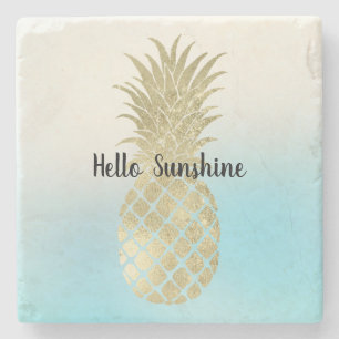 Aqua White Tie Dye Gold Pineapple Stone Coaster