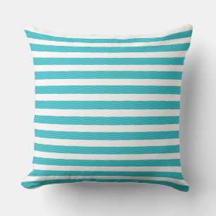 Aqua   White Waves Stripes Beach Style Pattern Throw Pillow