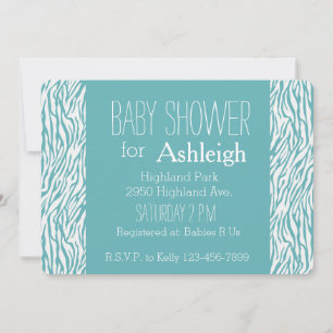 Aqua White Zebra Print baby shower Invitation