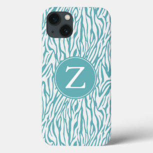 Aqua White Zebra Print Monogram iPhone 13 Case