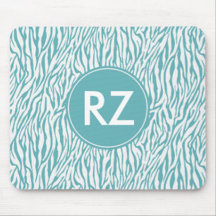 Aqua White Zebra Print monogram Mouse Pad