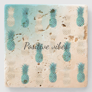 Aqua WhiteTropical Glam Pineapples Stone Coaster