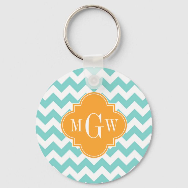 Aqua Wht Chevron Cantaloupe Quatrefoil 3 Monogram Keychain (Front)