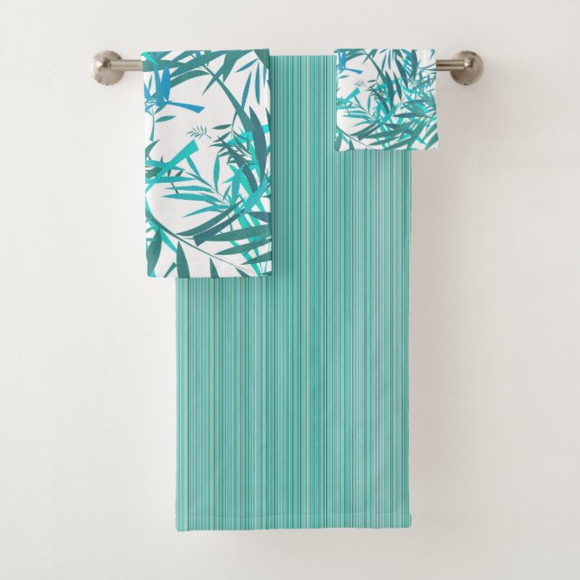 Aqua willow leaves and Stripes Bath Towel Set (Insitu)