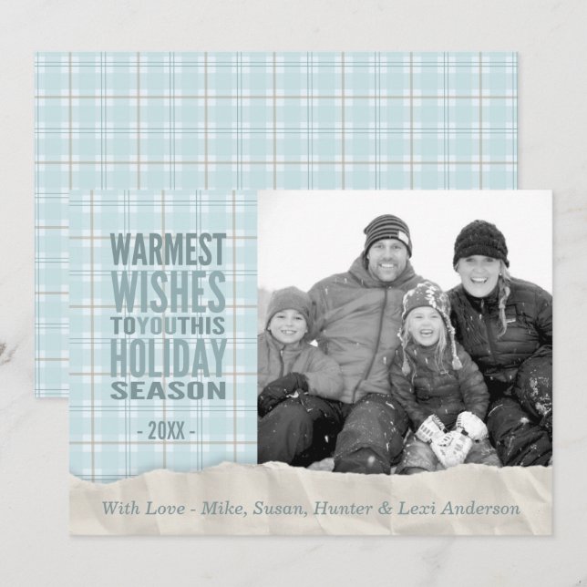 Aqua Winter Plaid Holiday Custom Photo Flat Card (Front/Back)