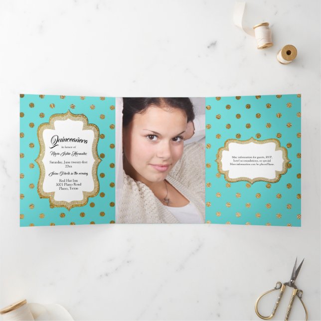 Aqua with Gold Dots and Custom Photo Quinceañera Tri-Fold Invitation (Inside)
