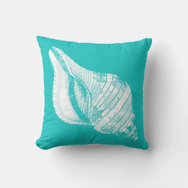 Aqua with White Conch Seashell Burlap Look Throw Pillow (Front)