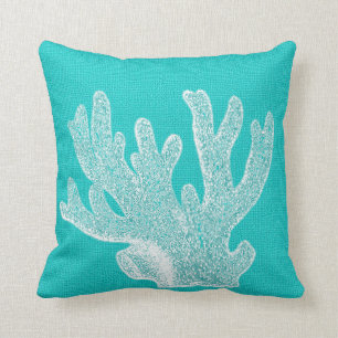 Aqua with White Coral Burlap Look Throw Pillow