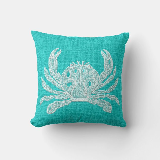 Aqua with White Crab Burlap Look Throw Pillow (Front)