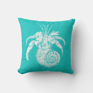 Aqua with White Hermit Crab Burlap Look Throw Pillow