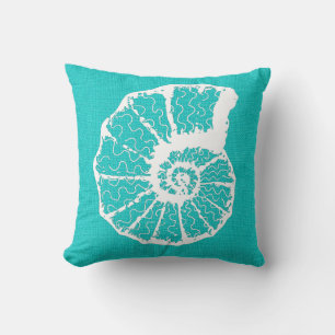 Aqua with White Spiral Seashell Burlap Look Throw Pillow