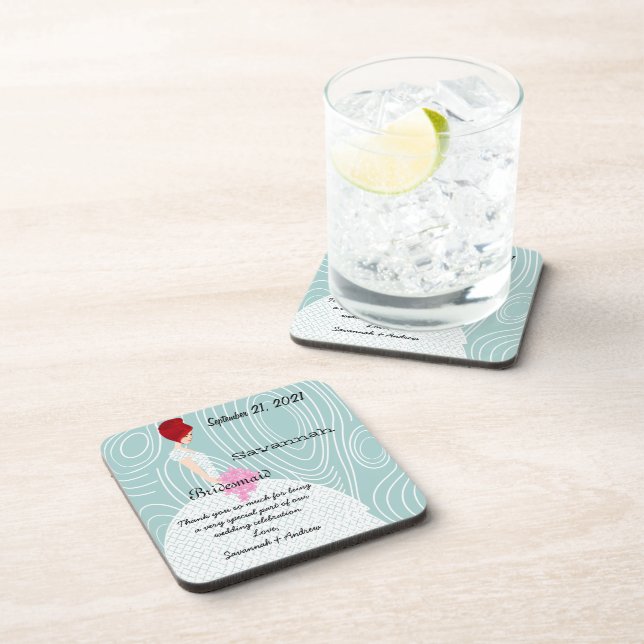 Aqua WoodGrain Pattern Red Head Bridesmaid Coaster (Right Side)