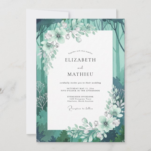Aqua Woodland Leaf Wedding Invitation (Front)