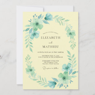 Aqua Yellow Floral Watercolor Wedding Invitation