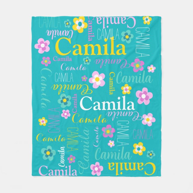 Aqua yellow girls name Camila flower blanket (Front)