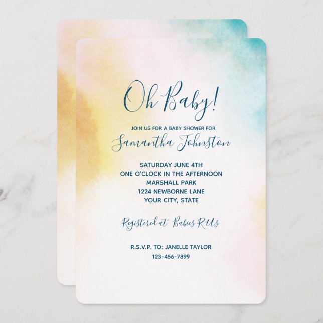Aqua Yellow Gold Blush Tie Dye Ombre Invitation (Front/Back)
