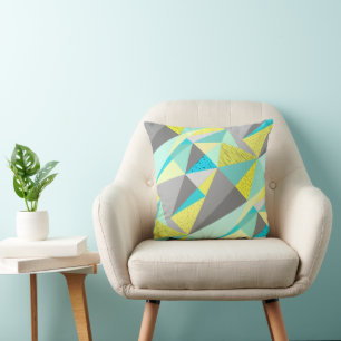 Aqua Yellow Grey Abstract Triangle Pattern Throw Pillow