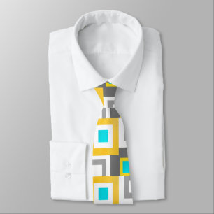 Aqua Yellow Grey Geometric Squares Pattern Tie