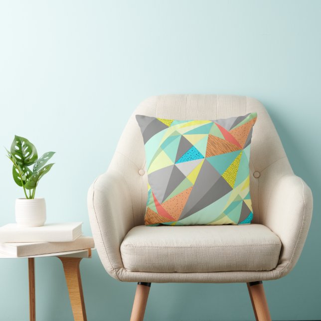 Aqua Yellow Grey Yellow Abstract Triangle Pattern Throw Pillow (Chair)