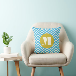 Aqua Yellow Ivory Monogram Modern Zig Zag Pillow