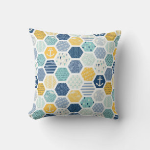 Aqua Yellow Nautical Geometric Tiles Pattern Outdoor Pillow