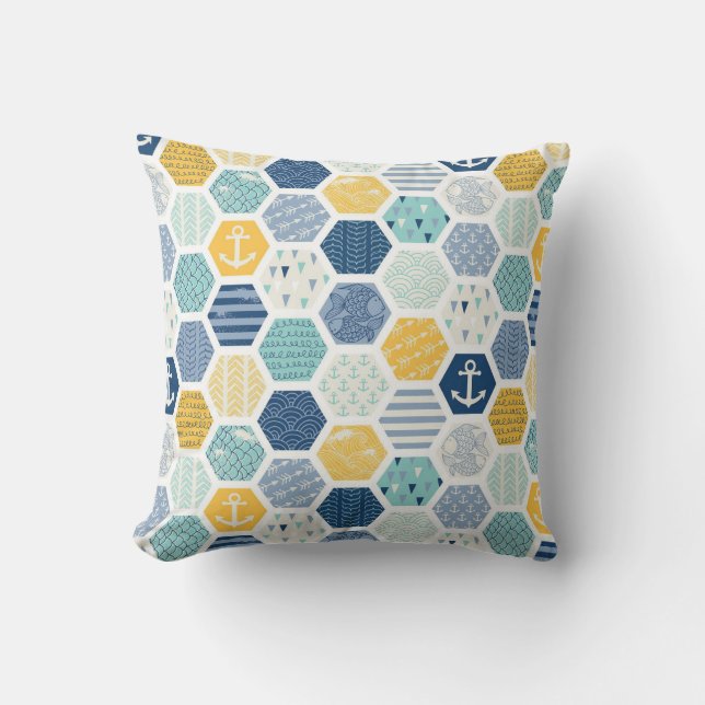 Aqua Yellow Nautical Geometric Tiles Pattern Outdoor Pillow (Front)