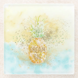 Aqua Yellow Pineapple Gold Dream Glitz Glass Coaster