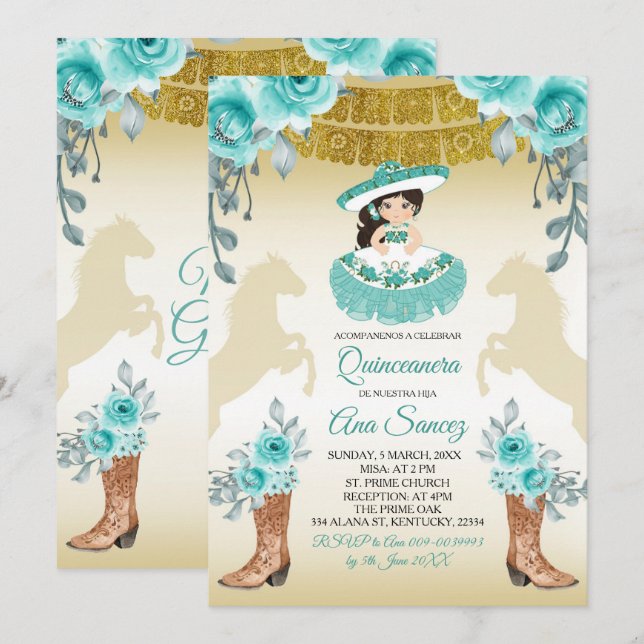 Aqual Teal Turquoise1 Charra Mis Quince Invitation (Front/Back)