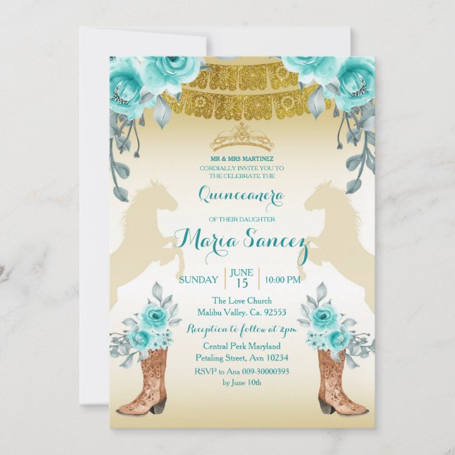 Aqual Teal Turquoise1 Horse & Boots Quinceanera Invitation (Front)