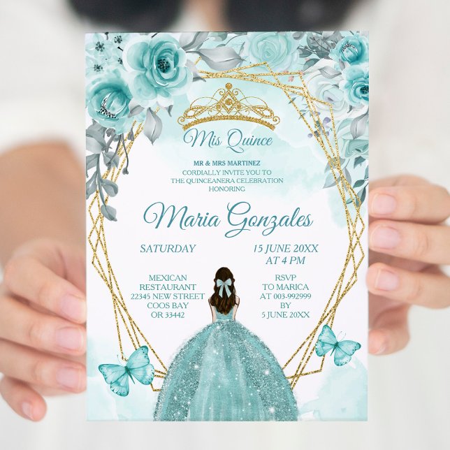 Aqual Teal Turquoise3 Butterfly & Rose Mis Quince Invitation (Creator Uploaded)