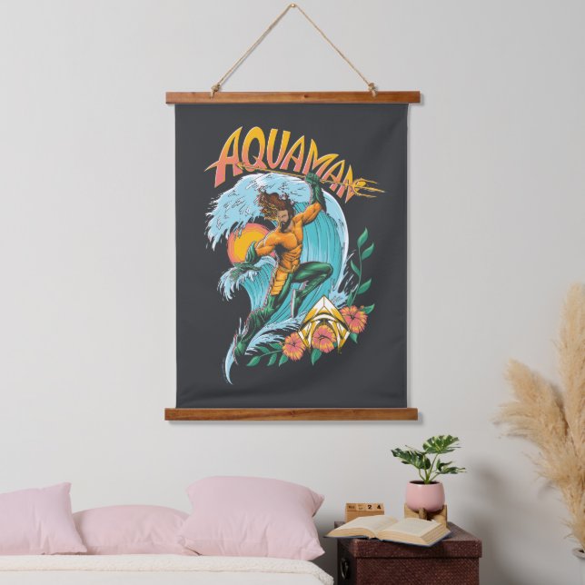 Aquaman and Trident Rising Surf Graphic Hanging Tapestry (Bedroom)