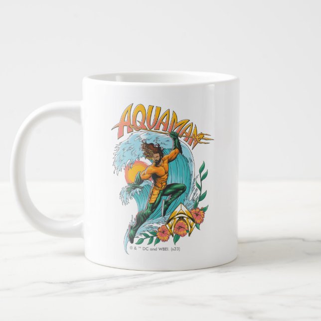 Aquaman and Trident Rising Surf Graphic Large Coffee Mug (Left)