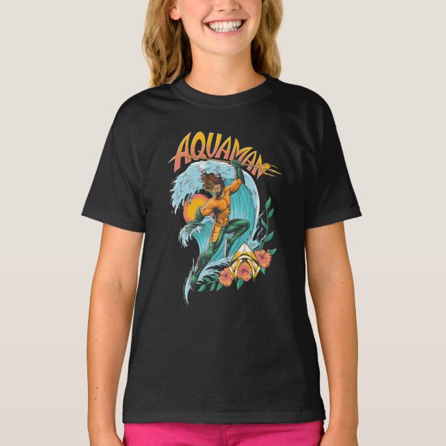 Aquaman and Trident Rising Surf Graphic T-Shirt (Front)
