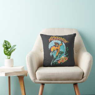 Aquaman and Trident Rising Surf Graphic Throw Pillow