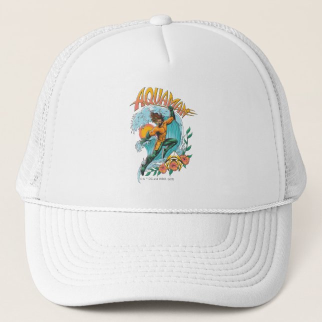 Aquaman and Trident Rising Surf Graphic Trucker Hat (Front)