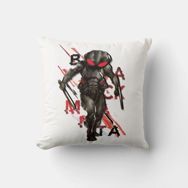 Aquaman | Black Manta Scattered Typography Graphic Throw Pillow (Front)