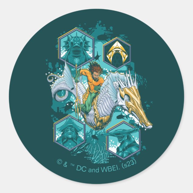 Aquaman Riding Seahorse Across Kingdoms Classic Round Sticker (Front)