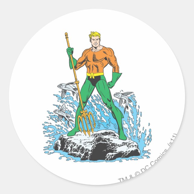 Aquaman Stands with Pitchfork Classic Round Sticker (Front)