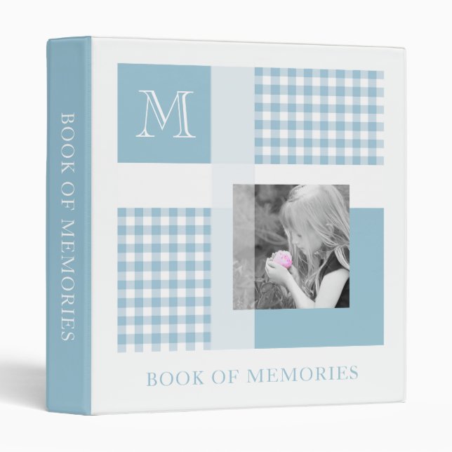 Aquamarine Add Your Photo Gingham Modern Monogram Binder (Front/Spine)