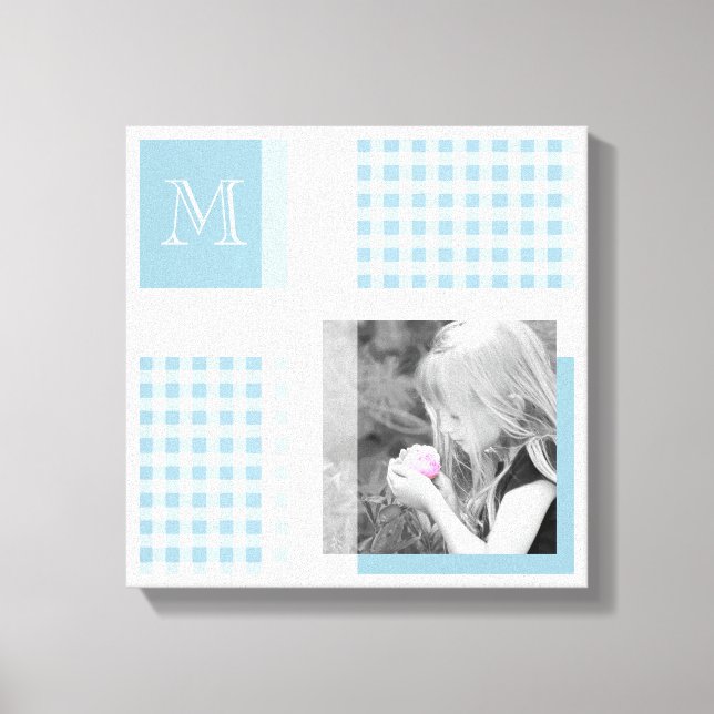 Aquamarine Add Your Photo Gingham Modern Monogram Canvas Print (Front)