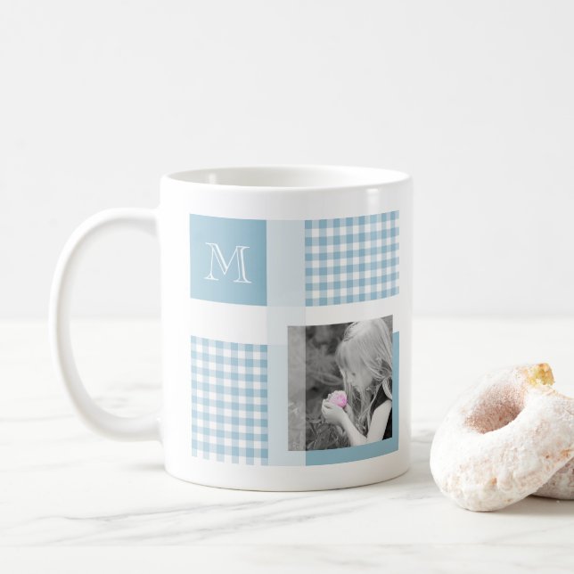 Aquamarine Add Your Photo Gingham Modern Monogram Coffee Mug (With Donut)