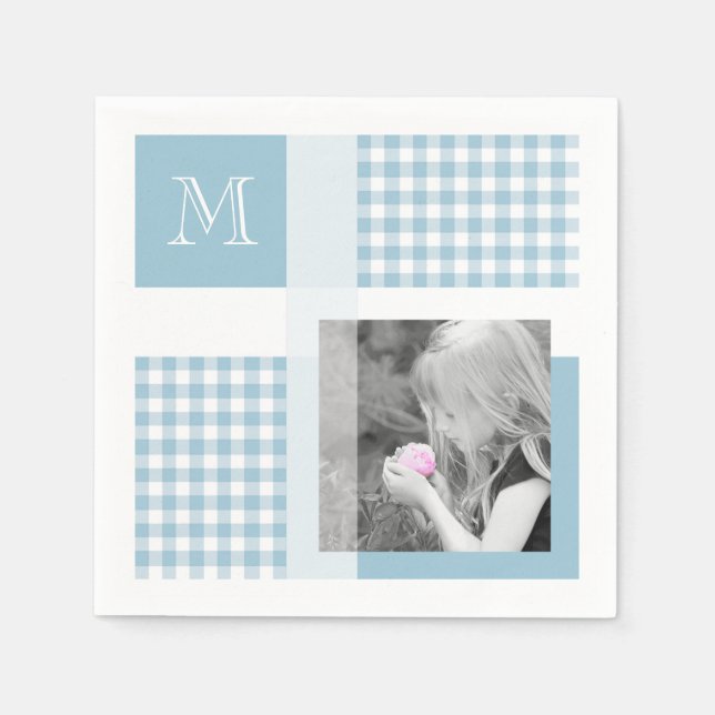 Aquamarine Add Your Photo Gingham Modern Monogram Napkin (Front)