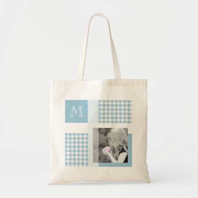 Aquamarine Add Your Photo Gingham Modern Monogram Tote Bag (Front)