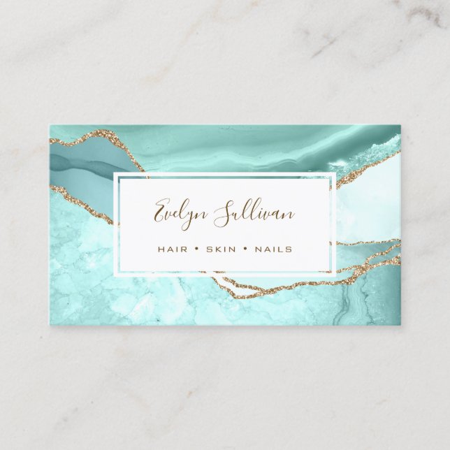 aquamarine and gold glitter agate business card (Front)