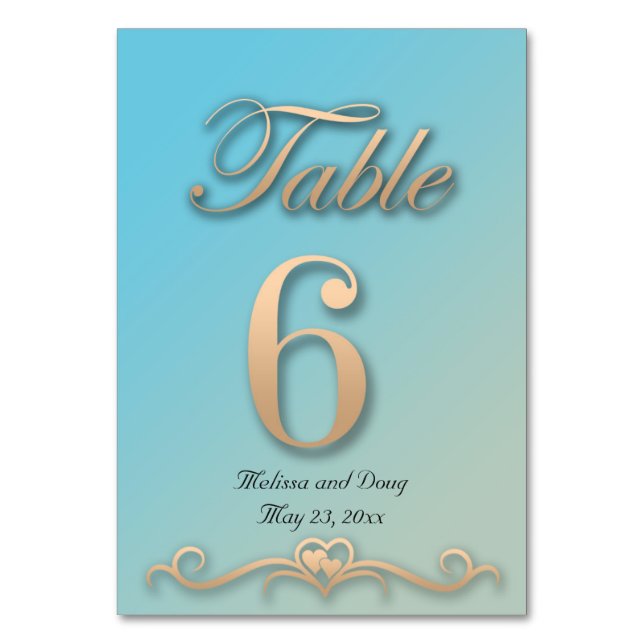 Aquamarine and Peach Wedding Table Card - Number 6 (Front)
