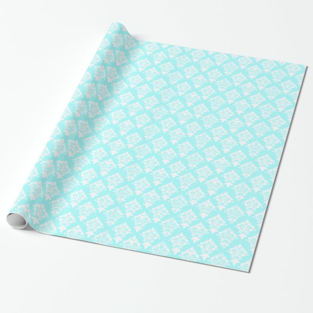 Aquamarine and White Damask Wrapping Paper (Unrolled)